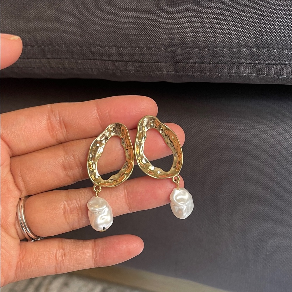 Gold and White Dangle Earrings